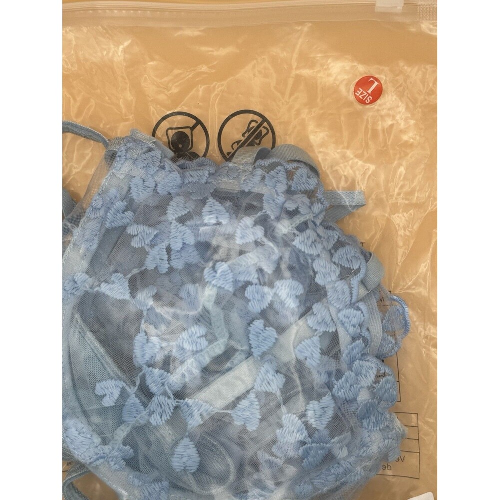 Lingerie Set Light Blue Heart Lace Bra Panty L
